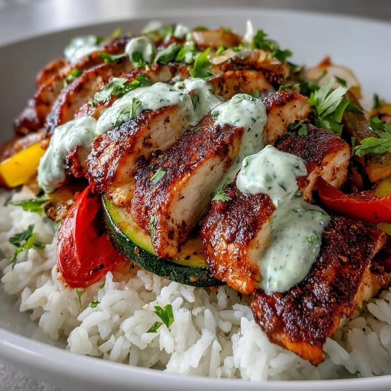 A delicious, gluten-free Blackened Chicken Bowl topped with zesty lime crema, showcasing juicy chicken and perfectly charred vegetable medley.