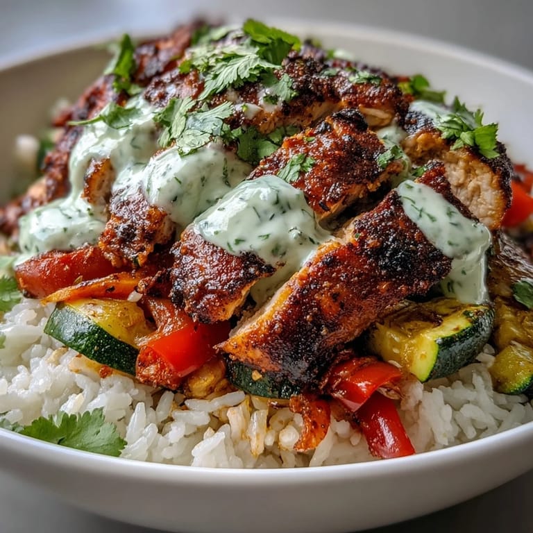 A close-up of a hearty Blackened Chicken Bowl featuring tender meat, colorful veggies, and fresh cilantro garnish, served with lime wedges.