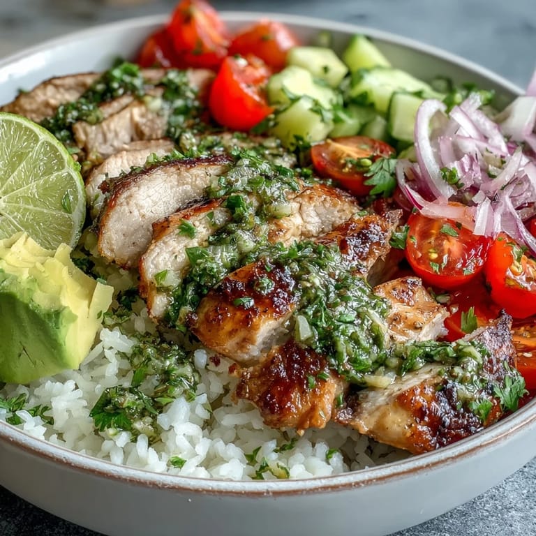 Golden grilled chimichurri chicken sits on a bed of fluffy rice surrounded by fresh veggies and a rich green sauce.