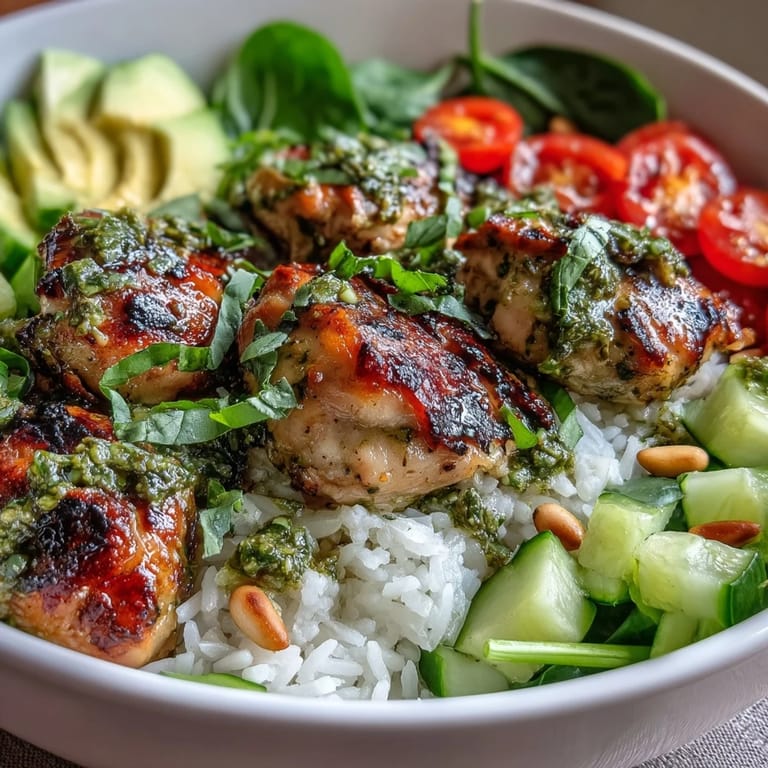 This Pesto Chicken Bowl features colorful vegetables and fluffy rice, finished with basil garnish for a fresh Italian-inspired family meal.