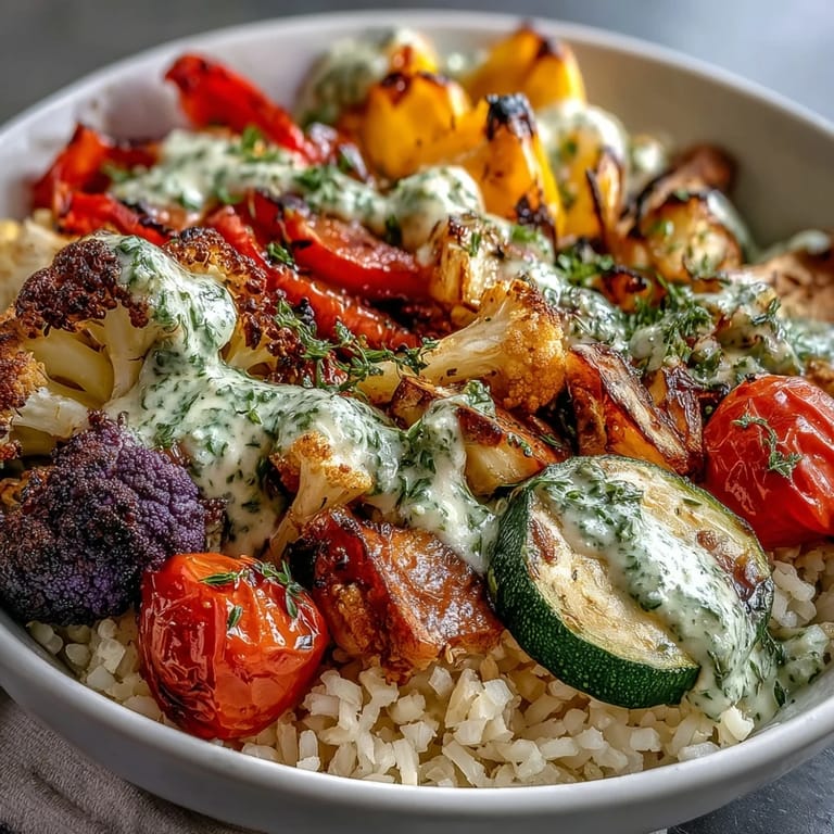 Hearty Rainbow Roasted Vegetable Bowl served warm in a white bowl, with golden, caramelized vegetables and a fresh green herb drizzle.