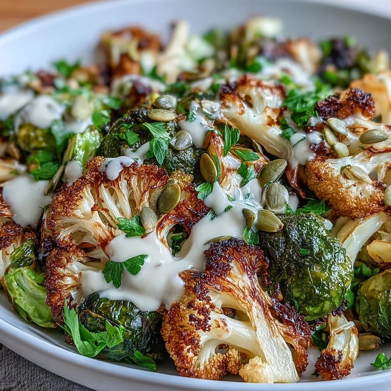 Hearty grains support a colorful pile of crispy roasted vegetables in this nourishing Roasted Brassica Bowl, topped with fresh parsley.