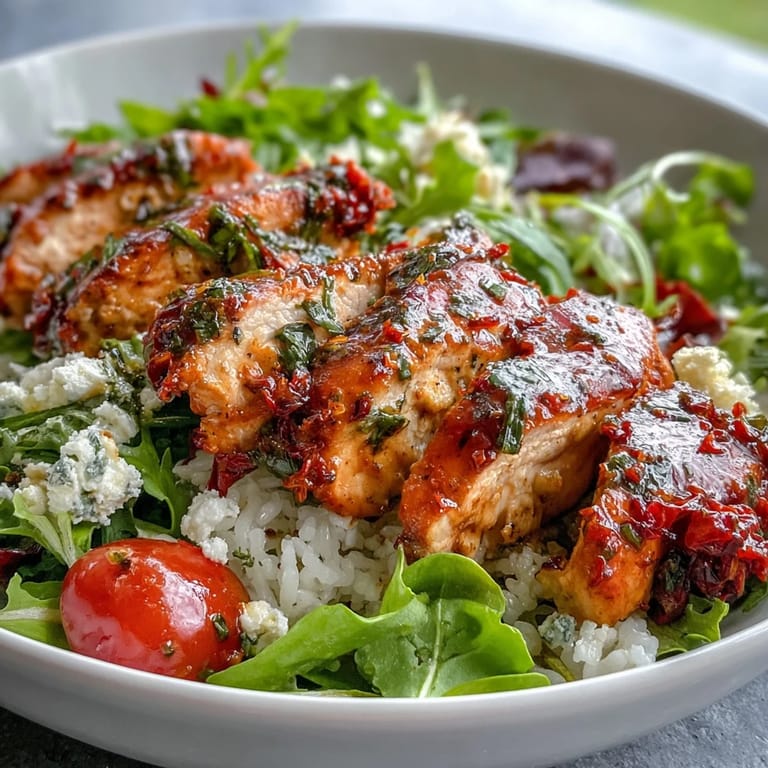 Juicy sliced chicken and crisp greens over rice in a Sun-Dried Tomato Chicken Bowl.