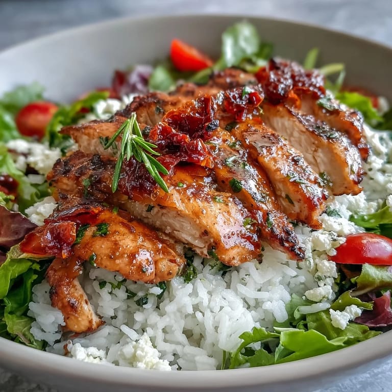 Plated Sun-Dried Tomato Chicken Bowl with chicken, rice, greens, and feta on a plate.