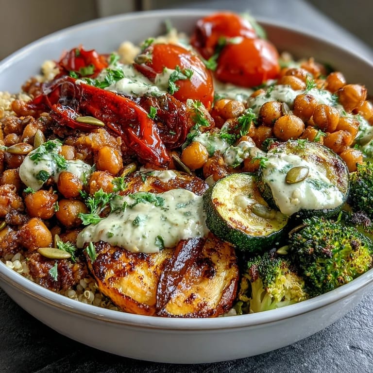 Colorful roasted Vegetable and Legume Bowl featuring bell peppers, zucchini, and lentils, topped with crunchy pumpkin seeds and fresh parsley.