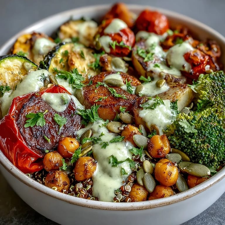 Vibrant nourishing Vegetable and Legume Bowl plated for dinner, showcasing golden charred tomatoes and a generous swirl of lemon tahini sauce.