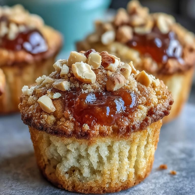 Easy Peanut Butter and Guava Muffins, a sweet and savory PB&J inspired treat, sit ready to eat on a wooden board with a glass of milk.
