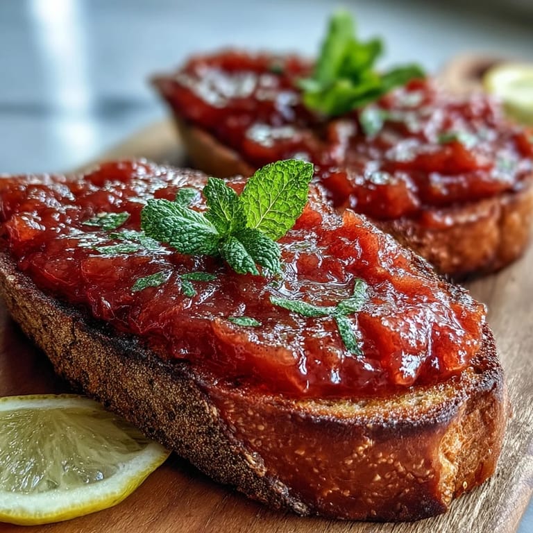 Golden-brown toast is generously spread with bright guava preserves, topped with a slice of creamy brie for an ideal sweet and savory bite.