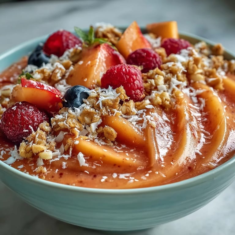 Close up of a homemade guava and mango smoothie bowl topped with granola, berries, and coconut flakes.