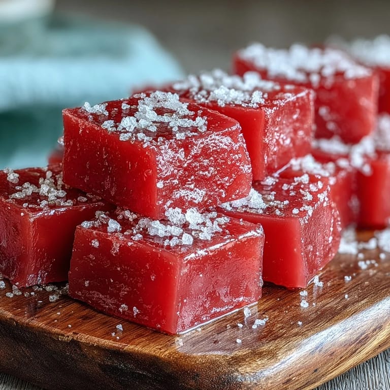Freshly sliced guava cheese confection with a glossy texture, displayed alongside a hot cup of tea.