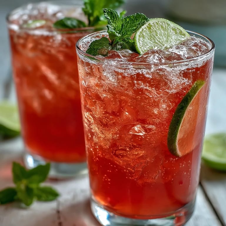 Clear glass of homemade guava spritzer with bubbly sparkling water, fresh mint and lime, ready to drink.