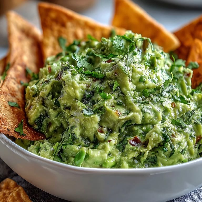 A vibrant green edamame guacamole bowl topped with diced red onion and cilantro, accompanied by crunchy homemade pita chips.  