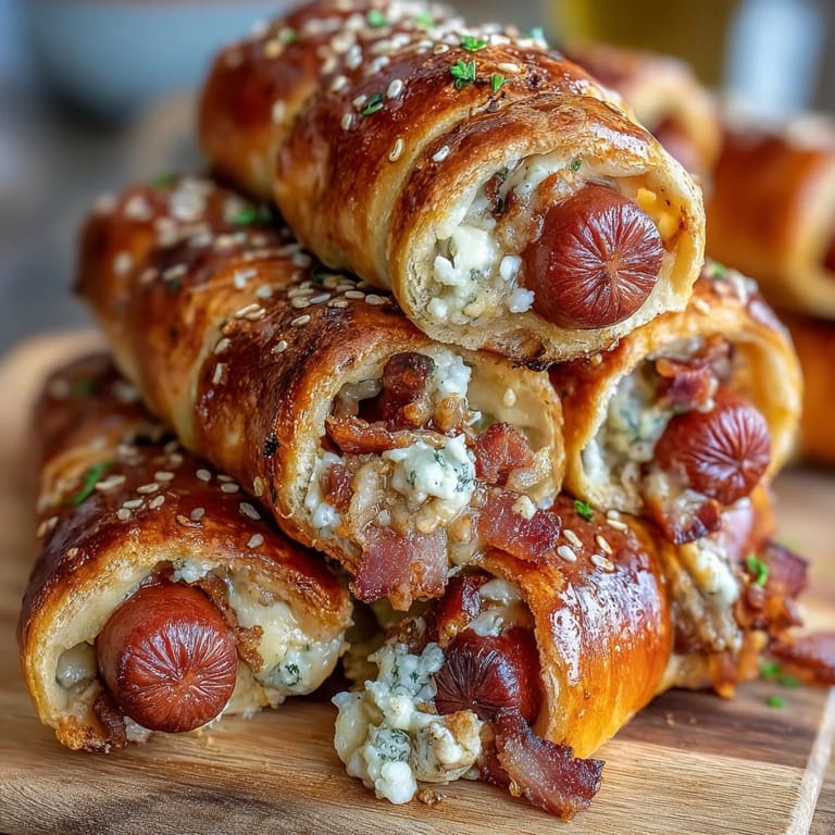 Bite-sized baseball-themed hot dogs peek out from flaky pastry, their savory centers encased in buttery, golden crescent roll dough.