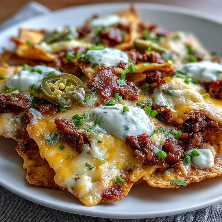 Melted cheese sauce smothers seasoned beef on Loaded Baseball Nachos with Jalapeños and fresh toppings.