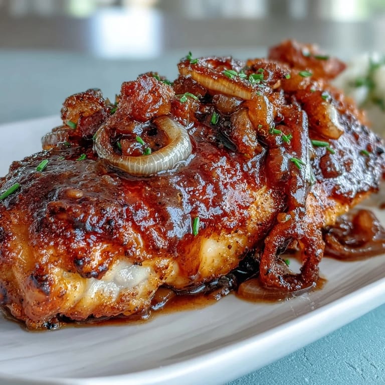 Soul Food Smothered Chicken with Onion Gravy, featuring crispy fried chicken simmered in a luscious, caramelized onion sauce.