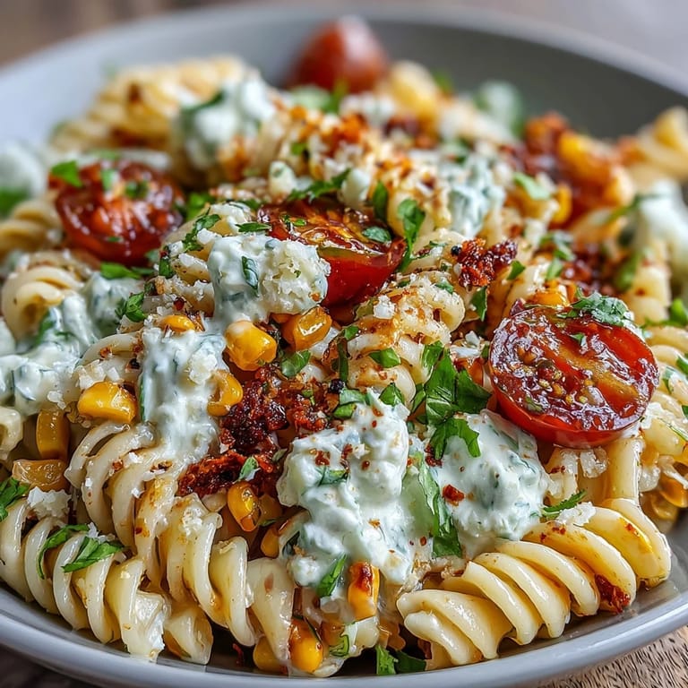 Creamy pasta salad with Mexican flavors, topped with crumbled Cotija and zesty lime, perfect for summer cookouts.  