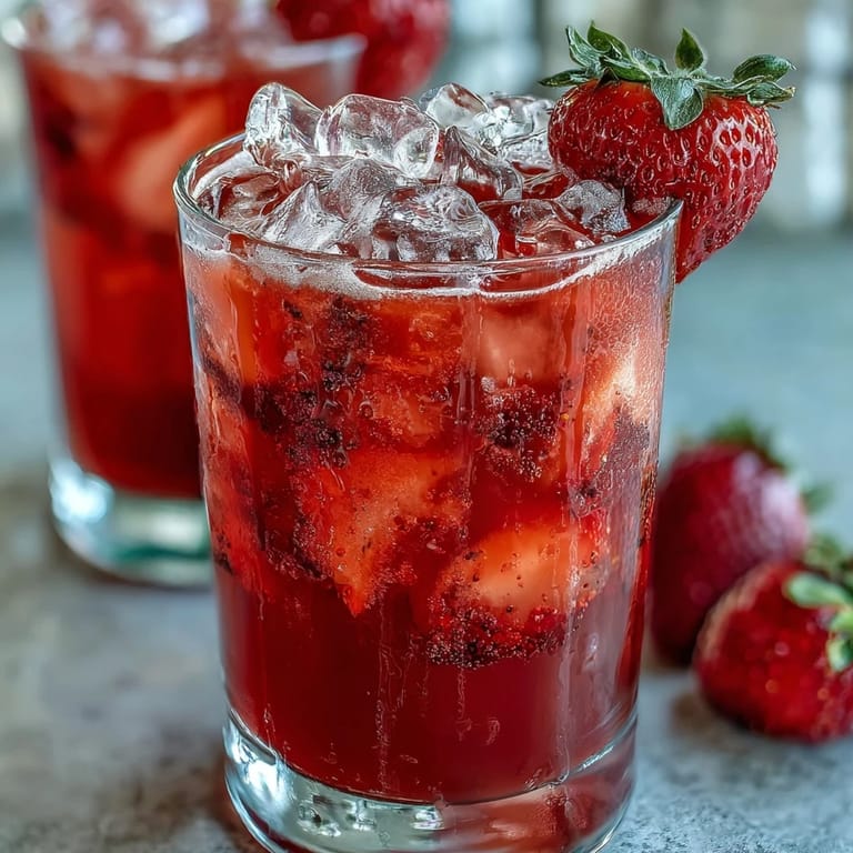Vibrant pink beverage blending juicy strawberries and açaí with coconut milk, served over ice for a cool, refreshing sip.