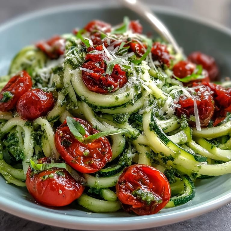 Spiralized zucchini noodles coated in rich basil pesto, paired with sweet cherry tomatoes for a bright, gluten-free Mediterranean main course.