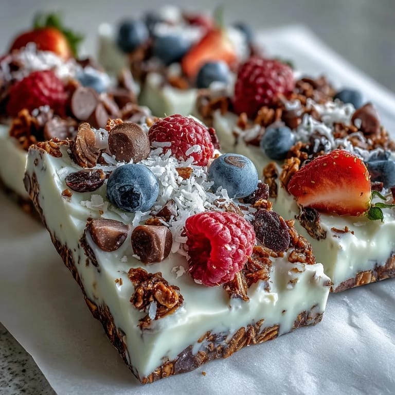 Frozen yogurt bark layered with sweet berries, granola, and optional chocolate chips for a satisfying summer dessert.