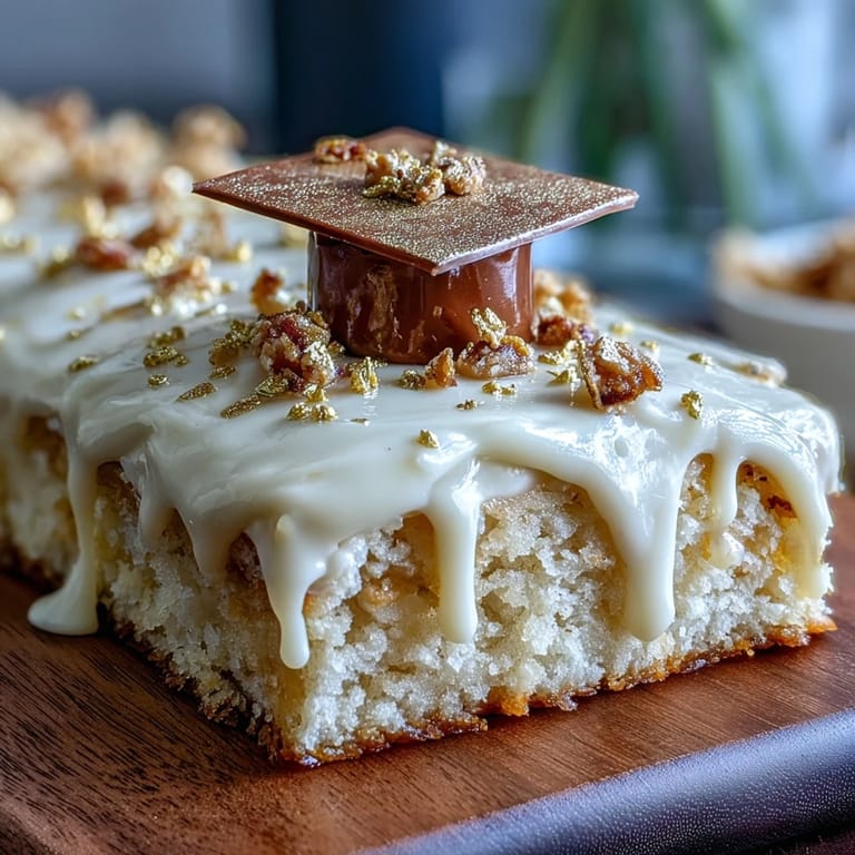 3. Showstopping graduation sheet cake with rich gold drip and celebratory fondant mortarboard centerpiece.