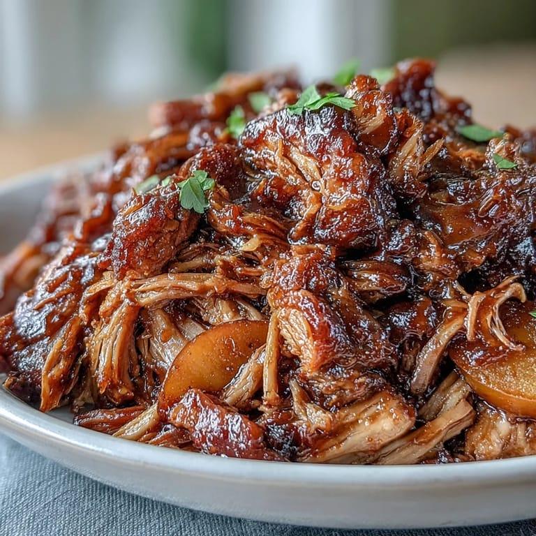 Tender shredded pork simmered in peach and honey BBQ sauce, perfect for summer sandwiches.  