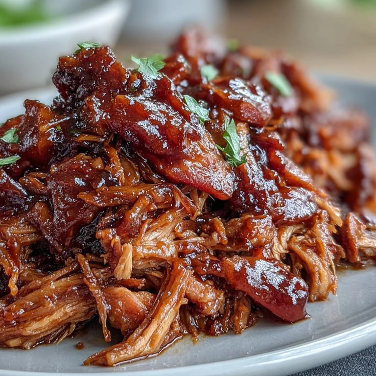 Slow-cooked pulled pork with peaches and honey BBQ glaze, served on a soft bun.