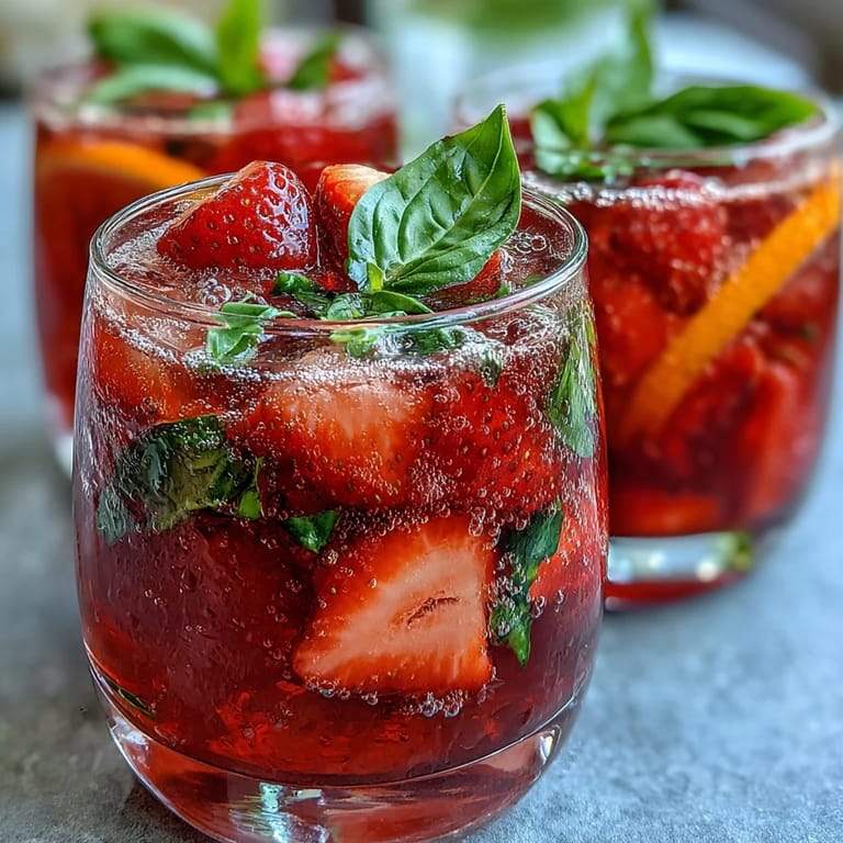 Refreshing Strawberry Basil Sangria Mocktail with juicy berries, citrus wheels, and aromatic basil, chilled and ready to serve in tall glasses.