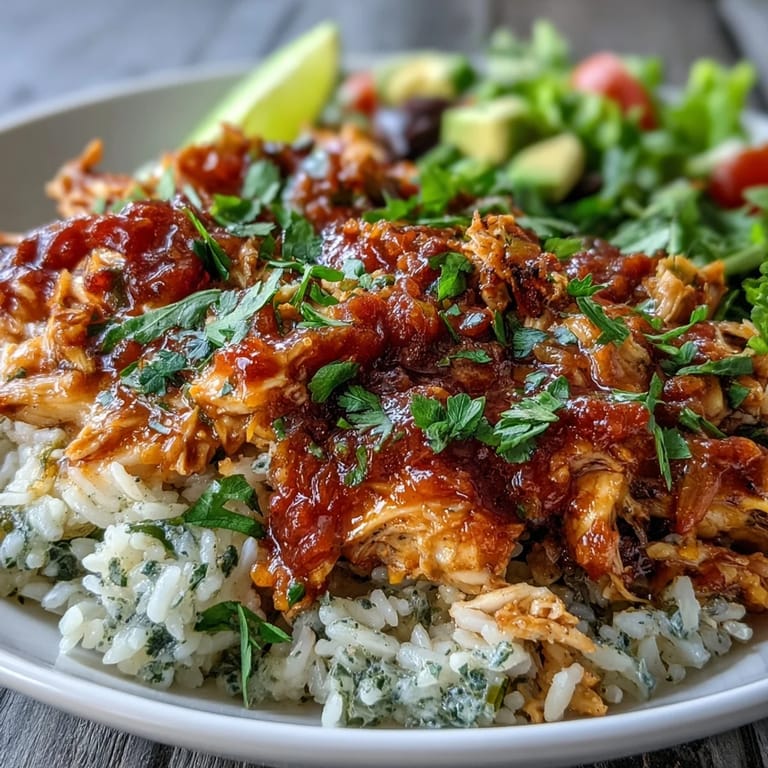 Hearty shredded chicken in zesty salsa, served with rice, beans, and vibrant vegetable toppings.  