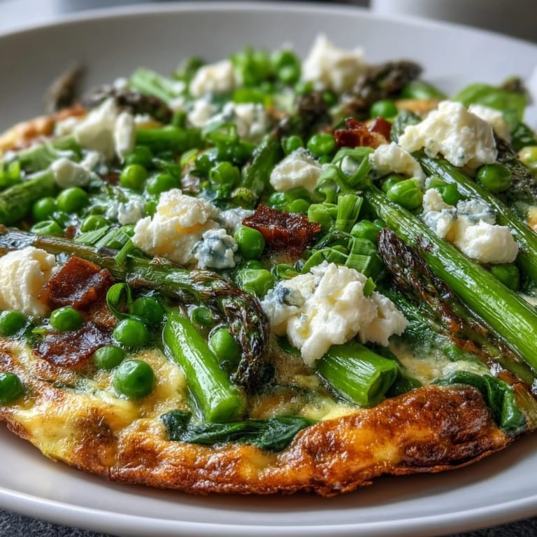 Asparagus and pea frittata with creamy goat cheese, fresh herbs, and tender vegetables.