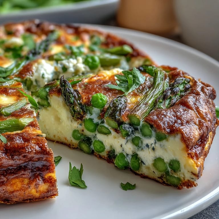 Bright and savory spring frittata featuring asparagus, peas, and goat cheese, perfect for brunch.