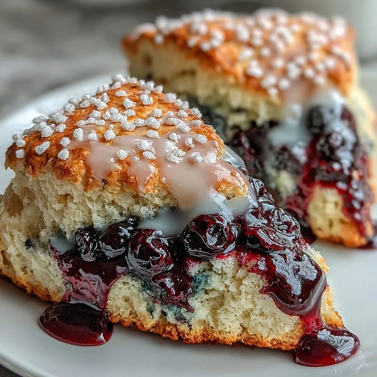 Golden-brown lemon blueberry scones topped with a zesty lemon glaze, perfect for a cozy breakfast.