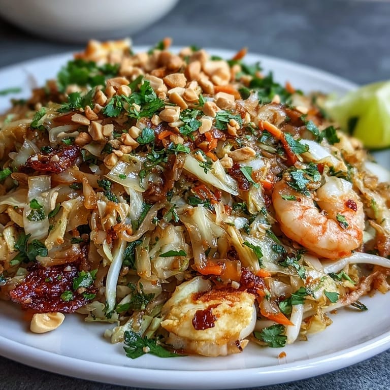 Low-carb cabbage Pad Thai stir-fry with tender-crisp cabbage, carrots, bell pepper, and protein, tossed in a zesty lime-peanut sauce.
