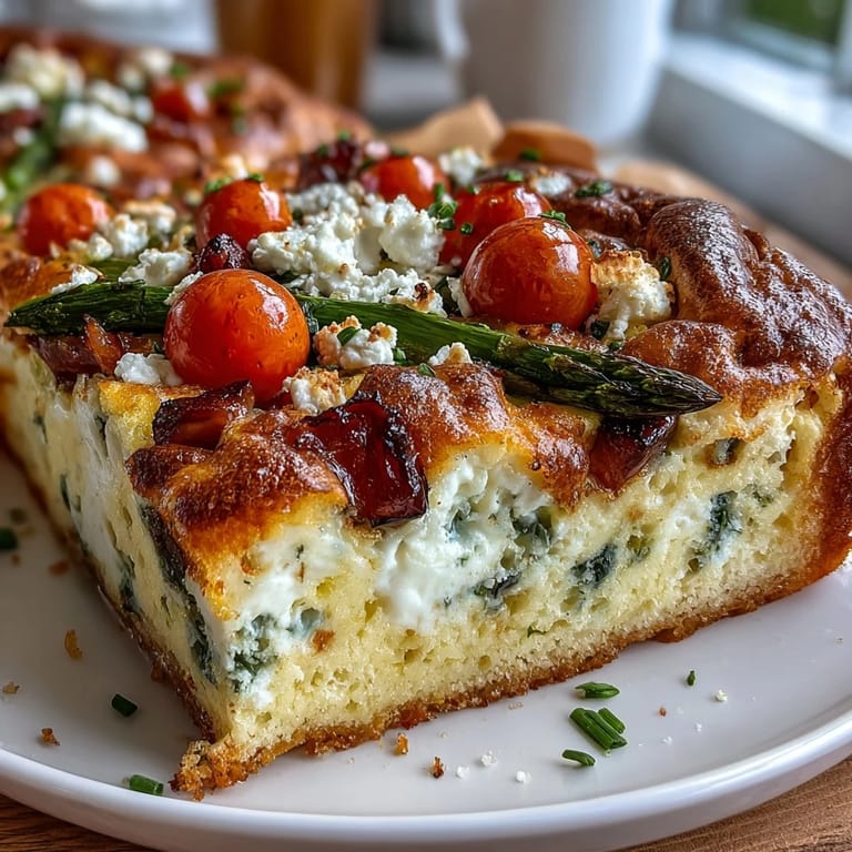 Fluffy baked eggs with colorful bell peppers, spinach, and fresh herbs, sliced into squares for easy serving at holiday gatherings.