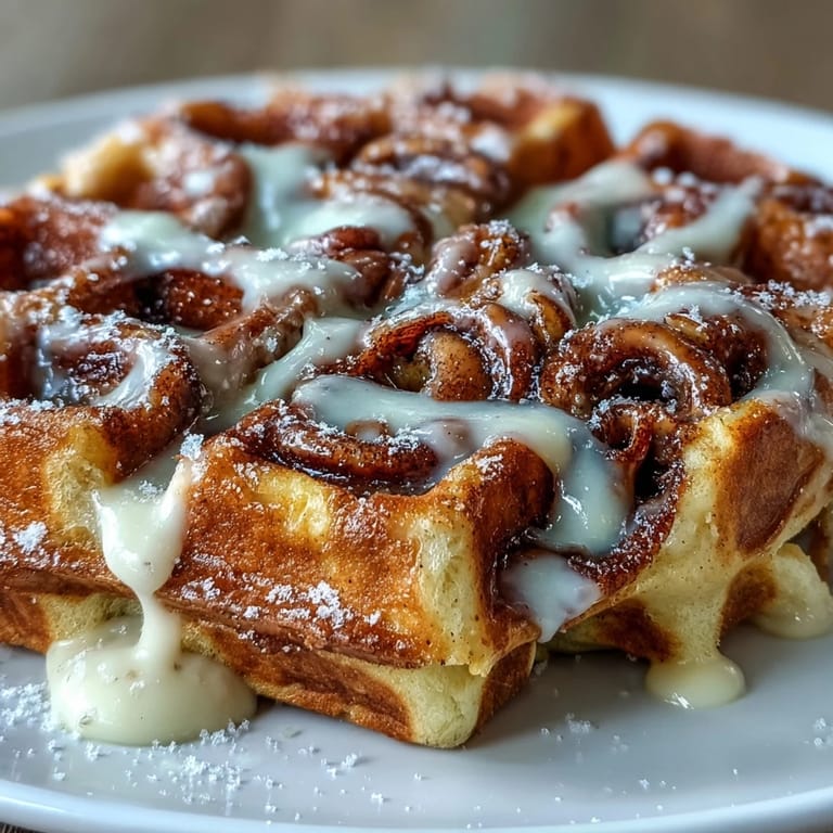 Warm, crisp waffles infused with cinnamon-sugar and finished with a luscious cream cheese glaze, a decadent breakfast favorite.