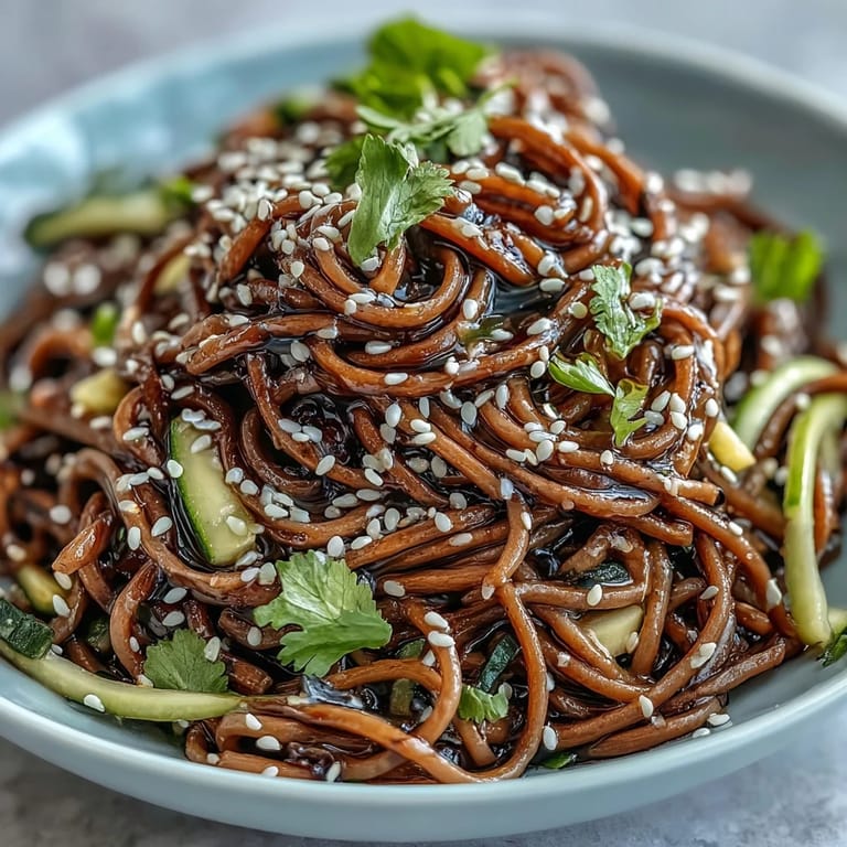 Cold soba noodle salad with zesty sesame ginger dressing, a light, flavorful meal.