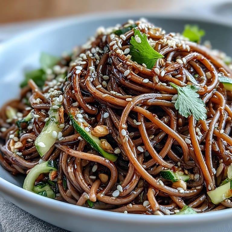 Tangy sesame ginger dressing coats this glorious cold soba noodle salad feast.