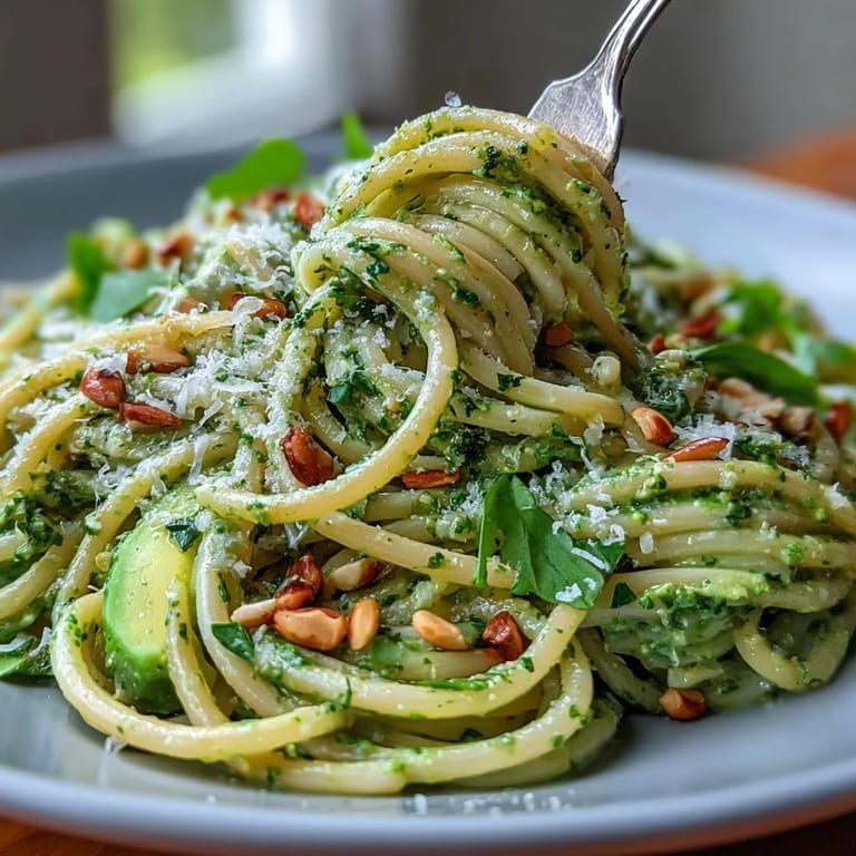 Deliciously fresh Creamy Avocado Pesto Pasta garnished with Parmesan.