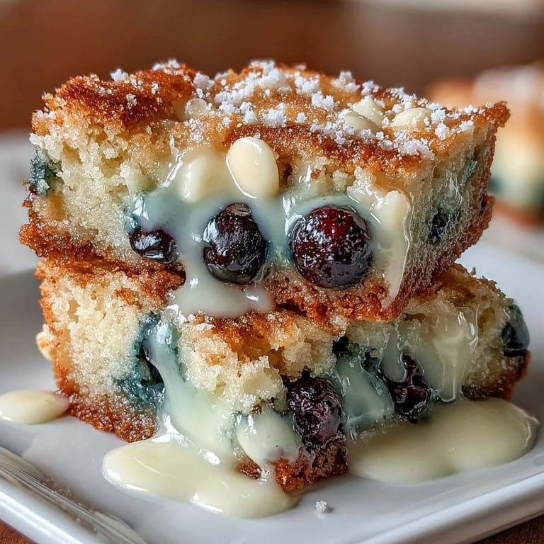 Chewy white chocolate lemon blueberry blondies, showcasing sweet chips and tangy fruit.