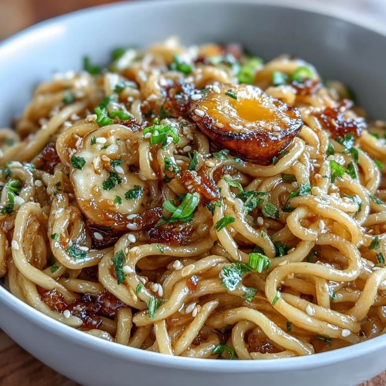 Rich, aromatic garlic butter ramen infused with sesame oil and a hint of spice, served steaming in a white bowl.  