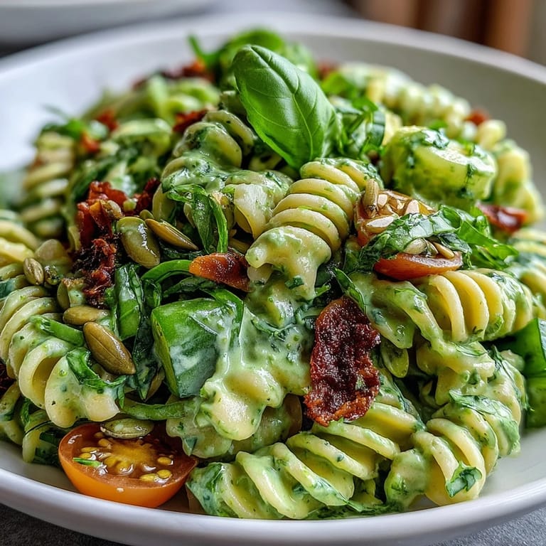 Vibrant green goddess pasta salad tossed with basil avocado dressing, spinach, and snap peas, garnished with fresh herbs and pumpkin seeds.