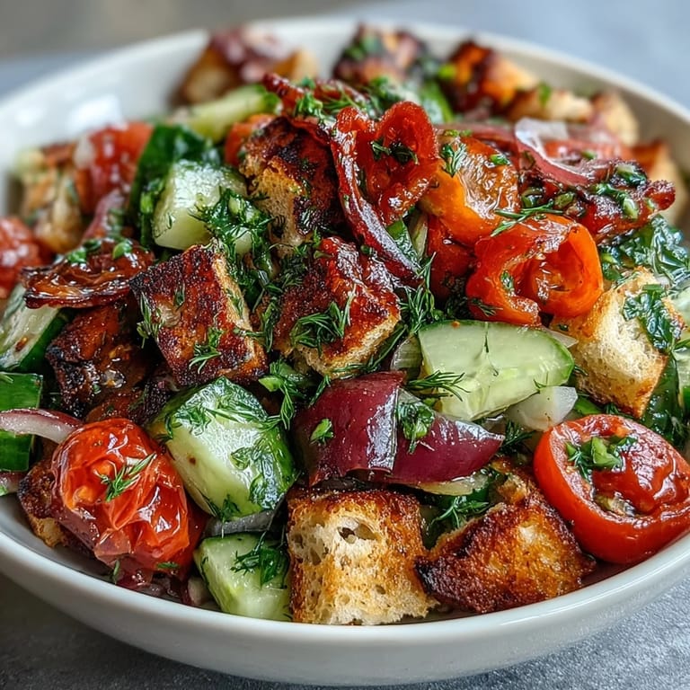 Freshly made Summer Panzanella salad, a refreshing Italian dish ready for grilling season.