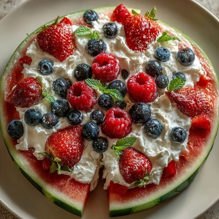 Generous slice of 4th of July Watermelon Pizza showcasing colorful berry toppings and sweet cream.