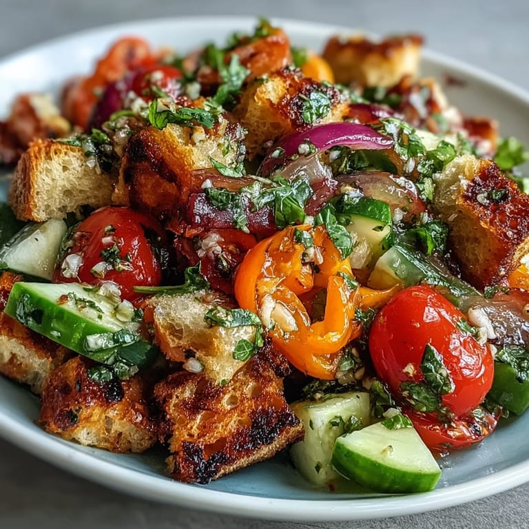 Bright Summer Panzanella salad, bursting with grilled bread and garden-fresh flavors.