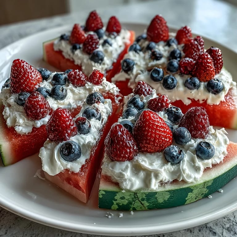 Vibrant 4th of July Watermelon Pizza dessert, a healthy summer treat ready to slice.