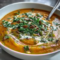 Velvety butternut squash and apple soup, creamy and warm, ready to garnish.