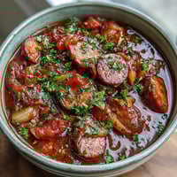 Steaming Crock Pot BBQ Cocktail Sausage Soup with tender vegetables in a rich, tangy sauce. 