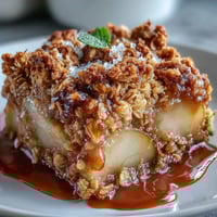 Golden-baked Pear Crumble with a thick, crunchy oat topping bubbling in a rustic dish.