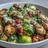 Golden-brown Brussels sprouts and savory ground turkey sizzle in a skillet with garlic, paprika, and fresh parsley.
