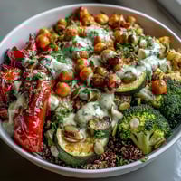 Hearty Vegetable and Legume Bowl with fluffy quinoa, roasted broccoli, and creamy avocado, finished with a drizzle of tahini dressing.