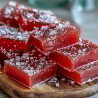 Homemade guava cheese fudge cut into neat squares, dusted with sugar, ready to serve.
